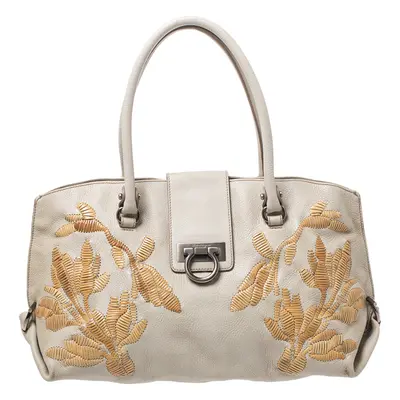 Salvatore Ferragamo Ivory Embroidered Leather Sofia Satchel