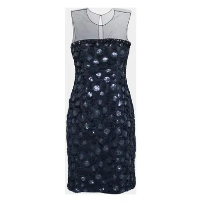 Mikael Aghal Navy Blue Rosette Applique Embellished Sheer Yoke Sleeveless Dress