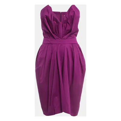 Yves Laurent Paris Purple Cotton Strapless Pleated Mini Dress