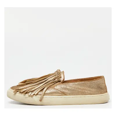 Tory Burch Gold Textured Suede Fringe Detail Slip On Sneakers Size 37.5