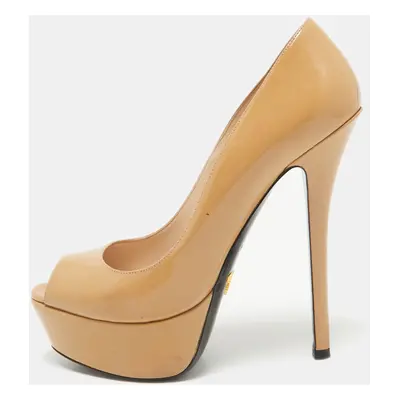 Prada Beige Patent Leather Peep Toe Platform Pumps Size