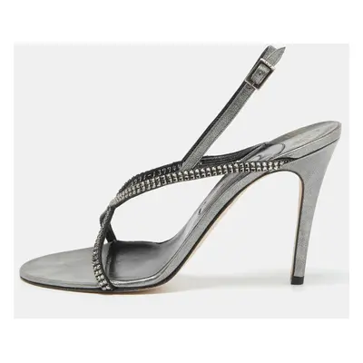 Gina Metallic Grey Leather Crystal Embellished Slingback Sandals Size 39.5