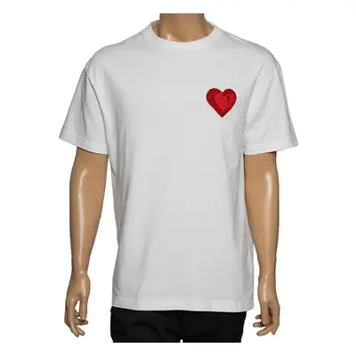 Palm Angels White Cotton Heart Embroidered Crew Neck T-Shirt