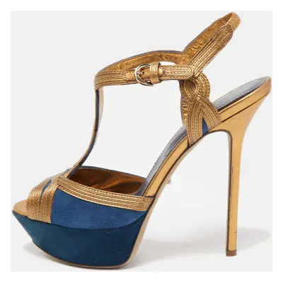 Sergio Rossi Navy Blue/Copper Suede and Leather T-Bar Platform Ankle Strap Sandals Size