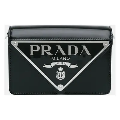 Prada Black Spazzolato Triangle Logo Plate Flap Chain Crossbody