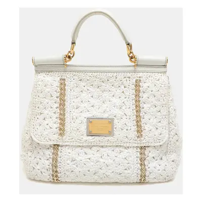 Dolce & Gabbana White Crochet Straw and Leather Miss Sicily Top Handle Bag