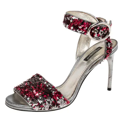 Dolce & Gabbana Pink/Silver Leather And Sequins Ankle Strap Sandals Size 38.5