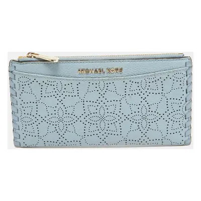 Michael Kors Light Blue Leather Lasercut Karson Slim Card Case