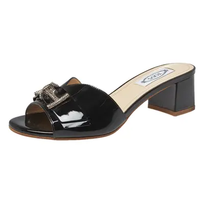 Tod's Black Patent Leather Double T Embellished Slide Sandals Size 36.5