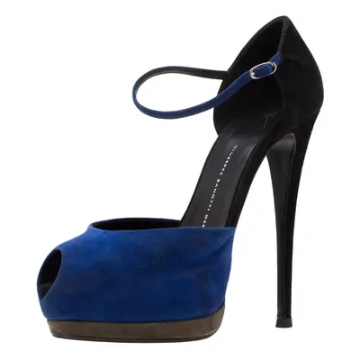 Giuseppe Zanotti Blue/Black Suede Peep Toe Ankle Strap Platform Sandals Size