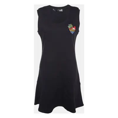 Love Moschino Black Cotton Knit Logo Applique Flute Hem Shift Dress