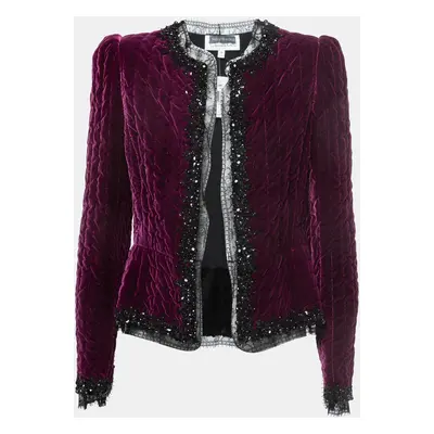 Oscar de la Renta Purple Embellished Velvet Lace Trimmed Open Front Jacket