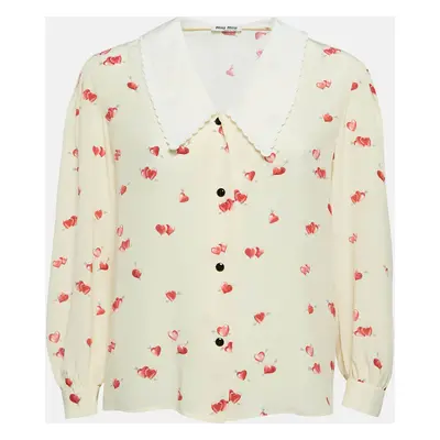 Miu Miu Yellow Heart Print Silk Scallop Trim Collar Shirt