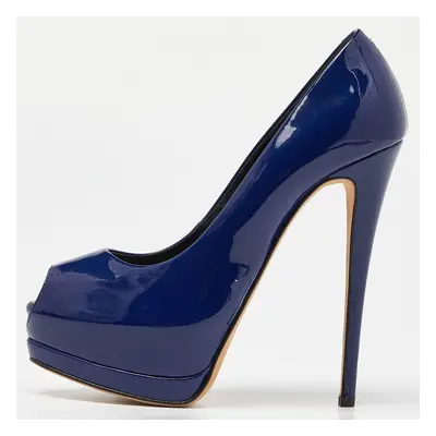 Giuseppe Zanotti Blue Patent Leather Peep Toe Platform Pumps Size 37.5