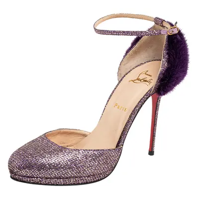 Christian Louboutin Purple Glitter Fabric/Mink Crazy Fur D'orsay Pump Size 39.5