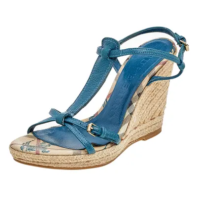 Burberry Blue Leather Strappy Espadrille Platform Wedge Sandals Size