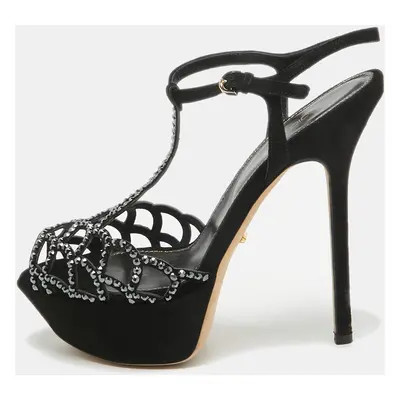 Sergio Rossi Black Suede Crystal Embellished Platform Ankle Strap Sandals Size