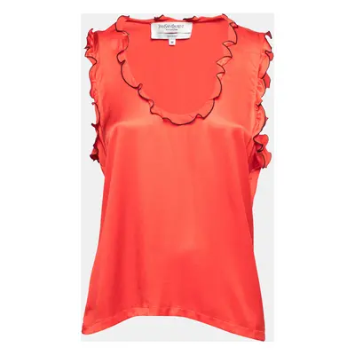 Yves Saint Laurent Red Silk Ruffle Trim Sleeveless Top