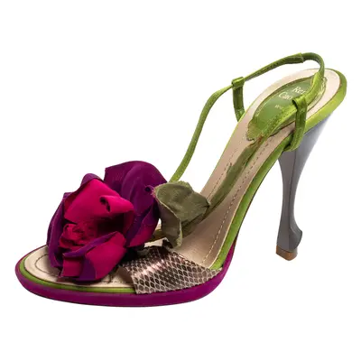 René Caovilla Multicolor Snakeskin Leather and Satin Flower Applique Slingback Sandals Size