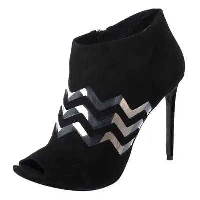 Nicholas Kirkwood Black Suede And PVC Chevron Peep Toe Ankle Booties Size