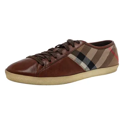 Burberry Brown Leather And Nova Check Canvas Low Top Sneakers Size