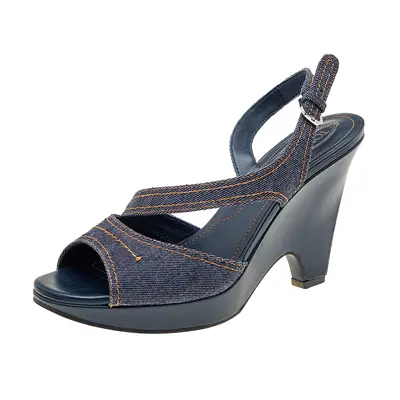 Tod's Blue Denim Slingback Platform Wedge Sandals Size