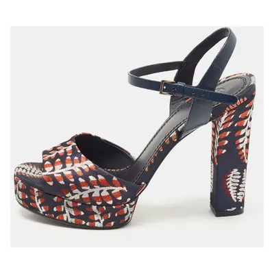 Tory Burch Navy Blue/Red Brocade Fabric Ankle Strap Sandals Size 38.5