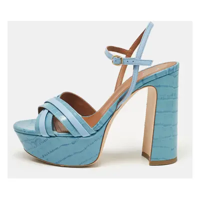 Malone Souliers Blue Croc Embossed Leather Mila Platform Ankle Strap Sandals Size