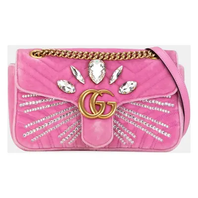 Gucci Pink Velvet GG Marmont Crystal Jewel Chain Shoulder Bag