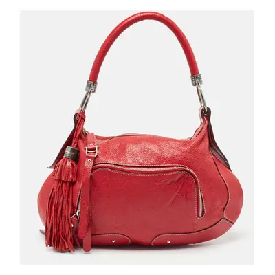 Aigner Red Shimer Leather Tassel Pocket Hobo