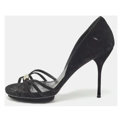 Gucci Black Suede Crystal Embellished Open Toe Pumps Size