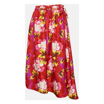 Kenzo Red Floral Print Silk Gathered Midi Skirt