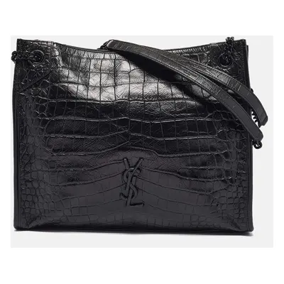 Saint Laurent Black Croc Embossed Leather Medium Monogram Nikki Tote