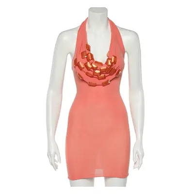 Emporio Armani Orange Knit Embellished Detail Halter Neck Mini Dress