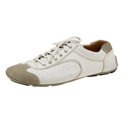 Prada White/Grey Leather And Suede Perforated Low Top Sneakers Size 44.5