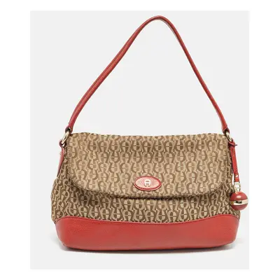 Aigner Beige/Red Signature Canvas and Leather Logo Flap Shoulder Bag