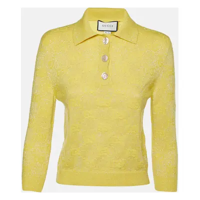 Gucci Yellow Monogram Patterned Lurex Knit Long Sleeve Polo