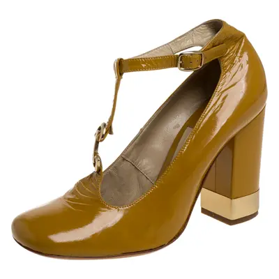 Chloe Yellow Leather T Strap Square Toe Pumps Size