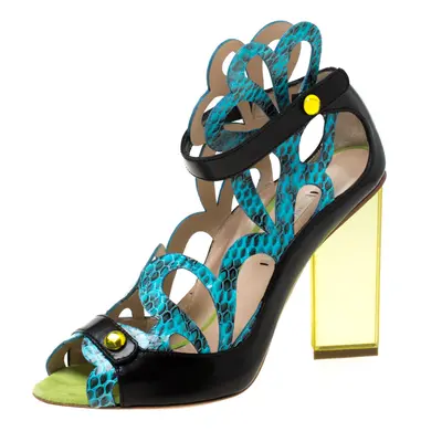 Nicholas Kirkwood Multicolor Laser Cut Python Embossed and Leather Mirror Block Heels Sandals Si