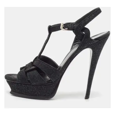 Saint Laurent Black Textured Suede Tribute Sandals Size