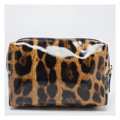 Roberto Cavalli Brown/Black Leopard Print Patent Leather Cosmetic Pouch