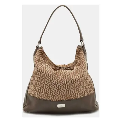 Aigner Beige/Brown Monogram Canvas and Leather Side Zip Hobo