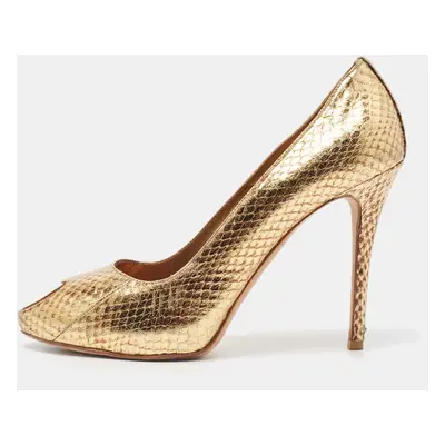 Alexander McQueen Gold Embossed Python Heart Peep Toe Pumps Size 38.5