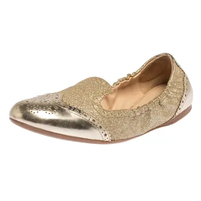 Prada Sport Gold Glitter Fabric And Patent Leather Brogue Scrunch Ballet Flats Size 37.5