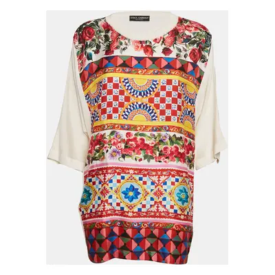 Dolce & Gabbana Red/ Ivory Floral Print Silk and Knit Blouse