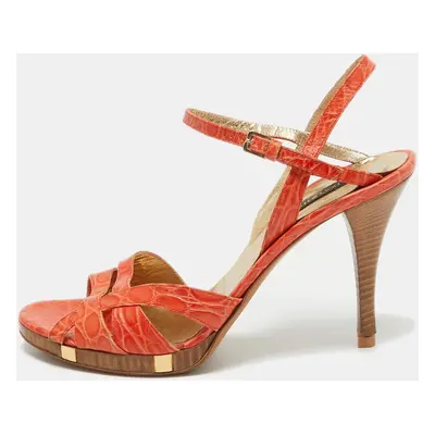 Sergio Rossi Orange Croc Embossed Leather Ankle Strap Sandals Size 40.5