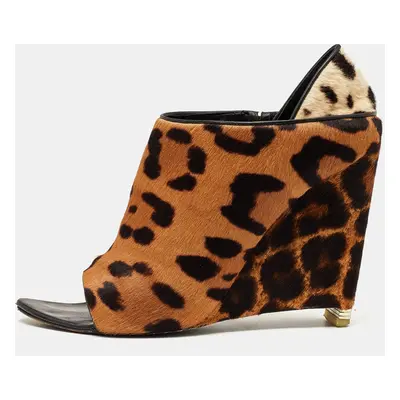 Alexander Wang Brown/Off White Leopard Print Calf Hair Alla Wedge Booties Size