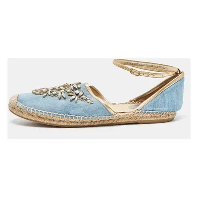 René Caovilla Blue Denim and Leather Trim Crystal Embellished Ankle Wrap Espadrille Flats Size