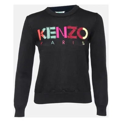 Kenzo Black Wool Knit Logo Intarsia Knit Sweater