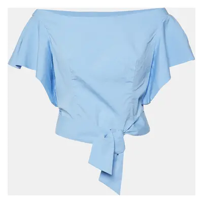 Milly Blue Cotton Off-Shoulder Tie-Up Waist Detail Top